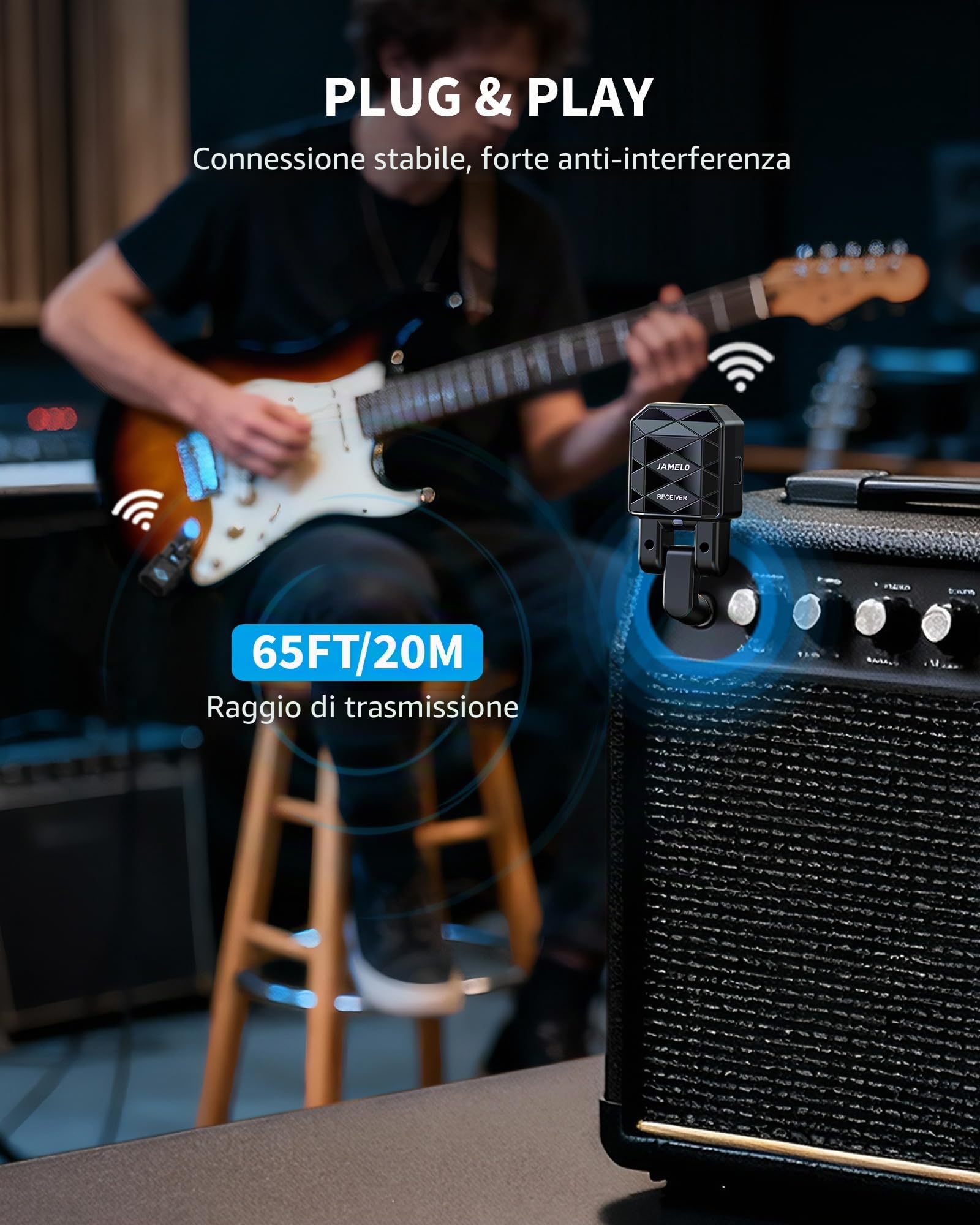 JAMELO Sistema per chitarra wireless con custodia di ricarica, ricevitore trasmettitore per chitarra, cavo jack per basso ricaricabile, 4 canali per chitarra e strumenti elettrici