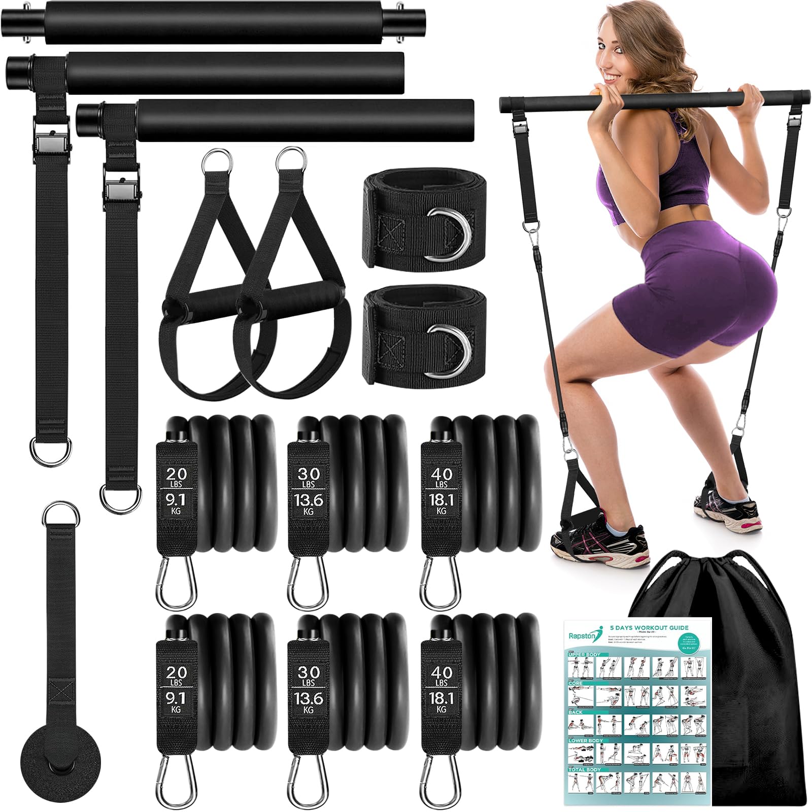 WenYa Pilates Bar Set with Resistance Bands for Women, 180lbs Latex Fitness Workout Bands with Anklets and Door Grip for Women Home Gym Pilates Yoga (Black)