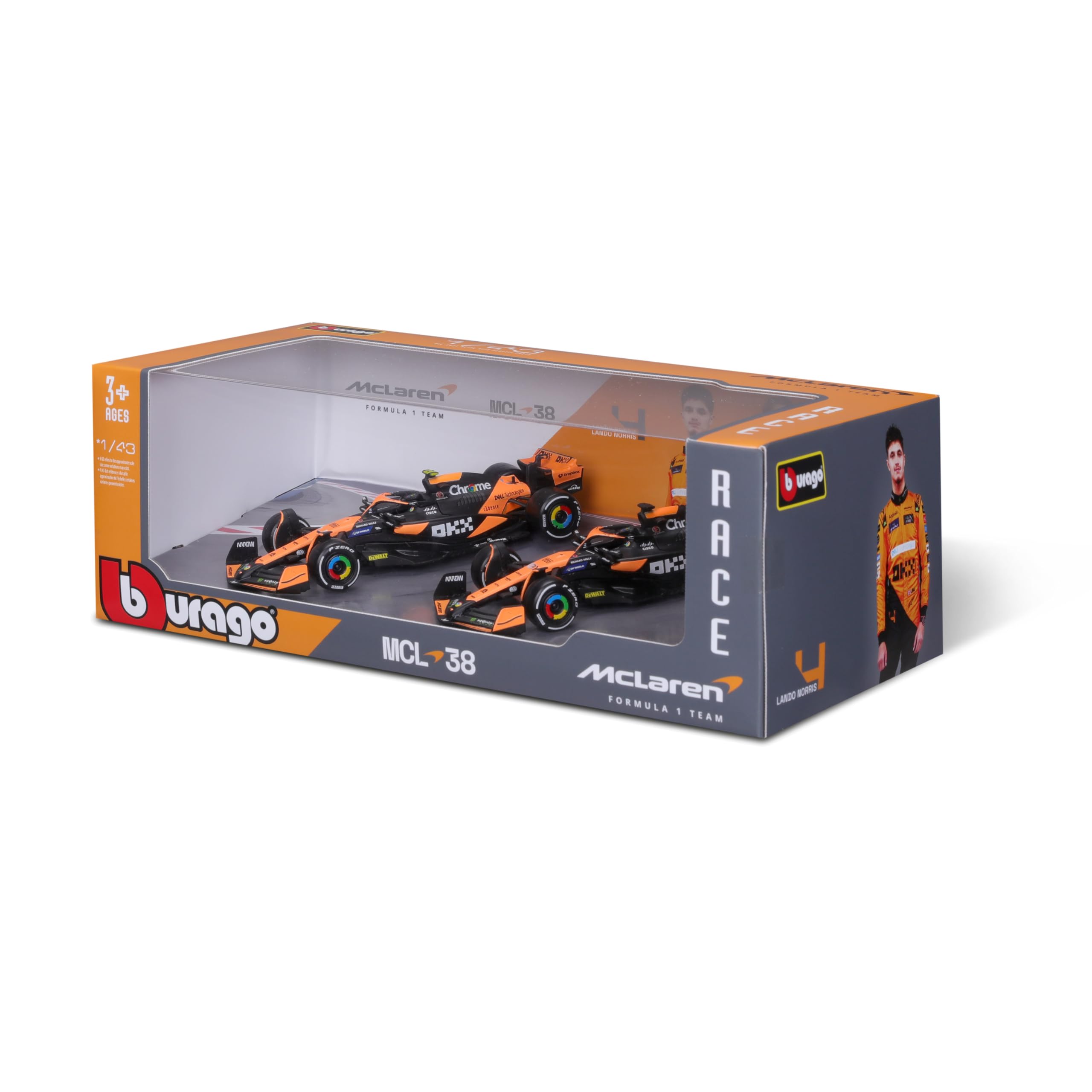 Bburago Formula 1 McLaren MCL38 - Set da 2 pezzi (2024): modellino auto in scala 1:43, Window Box, 25,4 cm, nero/arancione (18-38202)