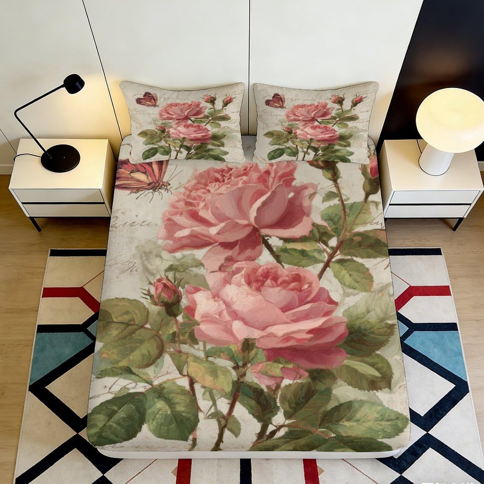 Qjzxknhpgr Style-2 3D Printed Vintage Rose Fitted Sheet Microfiber Floral Art Bed Cover For Bedroom Guest Room Decor Dustproof Easy Care 90X200x25cm