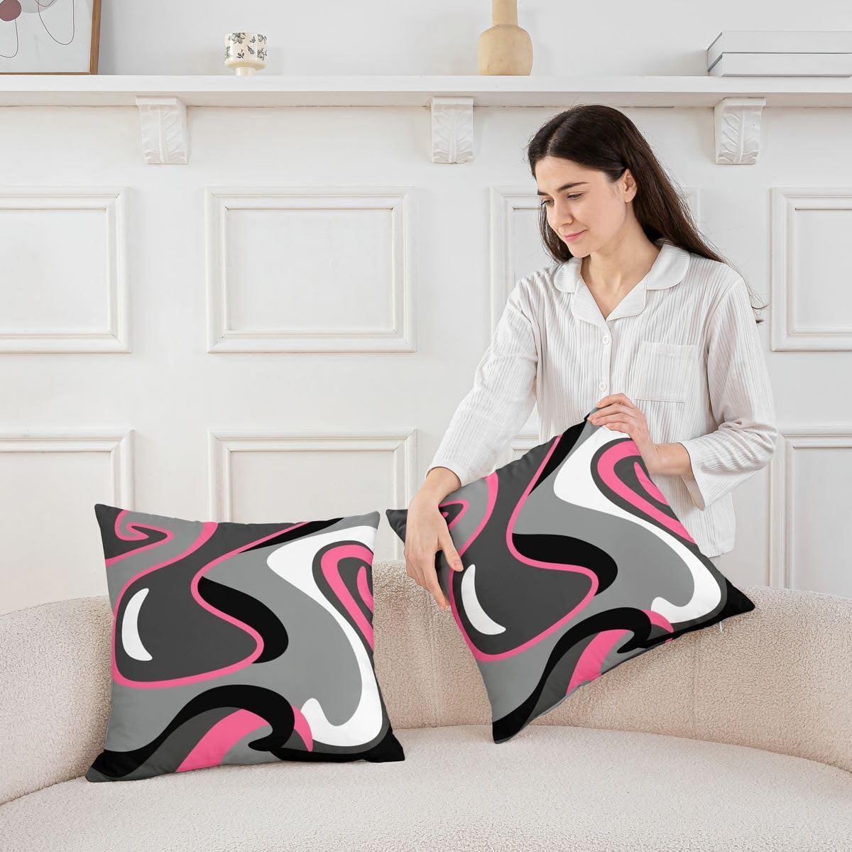 Feelyou Pack of 4 Pink Grey Stripes Decorative Throw Pillow Covers, Geometric Square Cushion Case Set for Couch Sofa Bedroom Living Room, Modern Striped Art Pillow Cases Pillowcases, 16x16 Inches