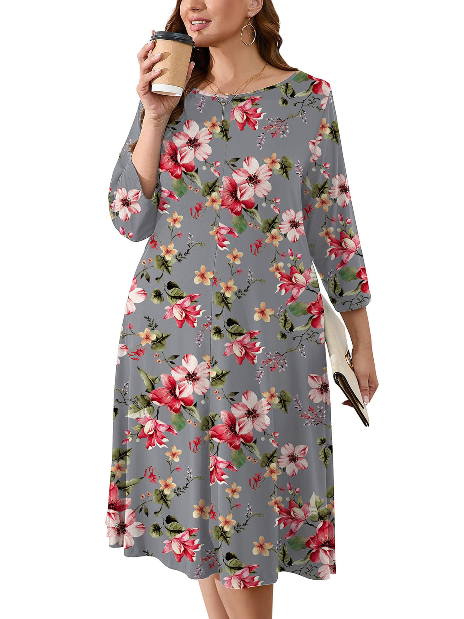 AusLook Women's Plus Midi Dresses Crew Neck A Line 3/4 Sleeves Casual Elegant Loose Wedding Vacation Dress with Pockets