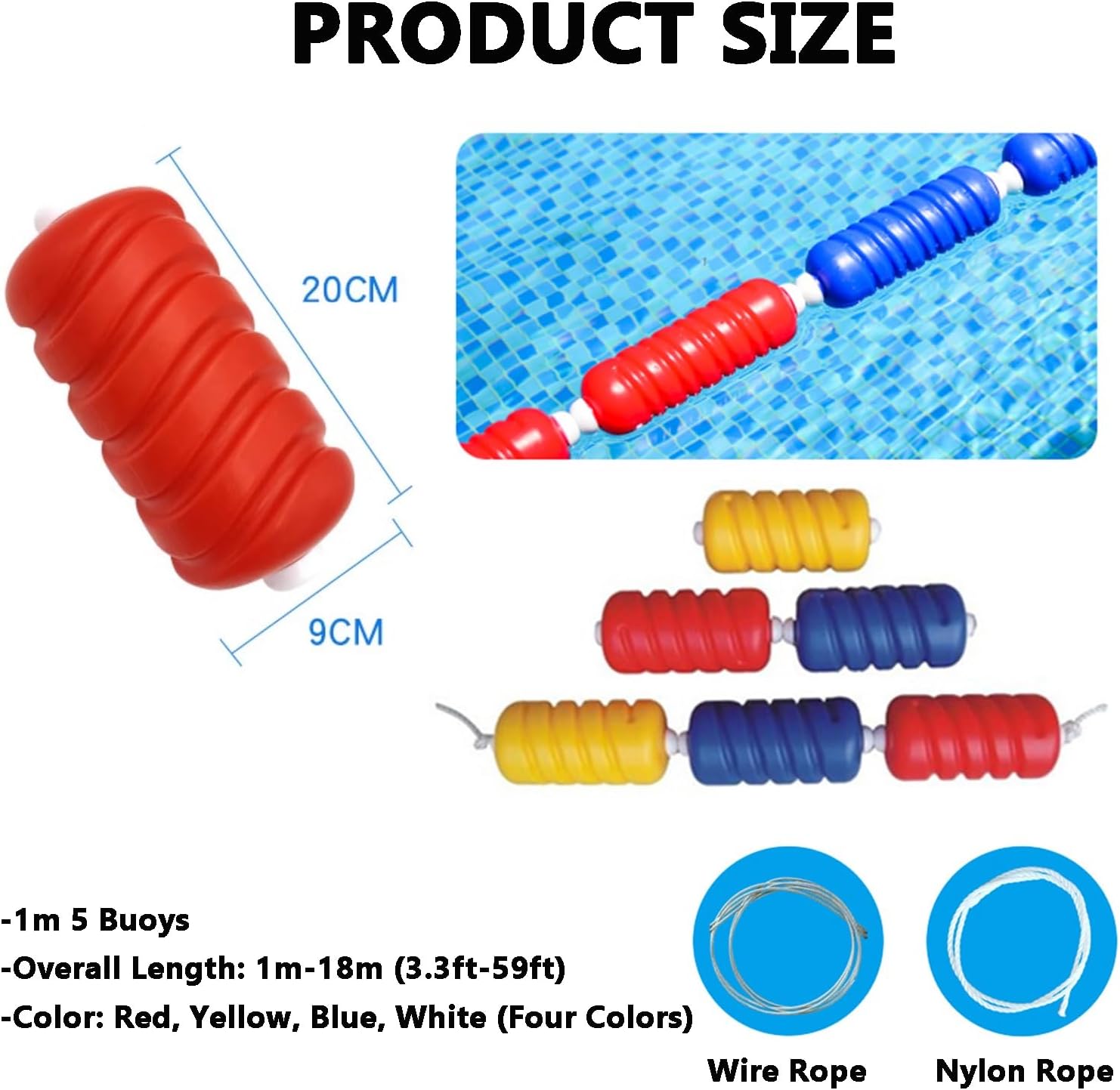 Reusable Pool Lane Dividers - Safety Rope & Plastic Buoy Kit, Floating Fence for Swimming Pools (1m/3.3ft Wire Rope) - Enhance Pool Safety & Organization