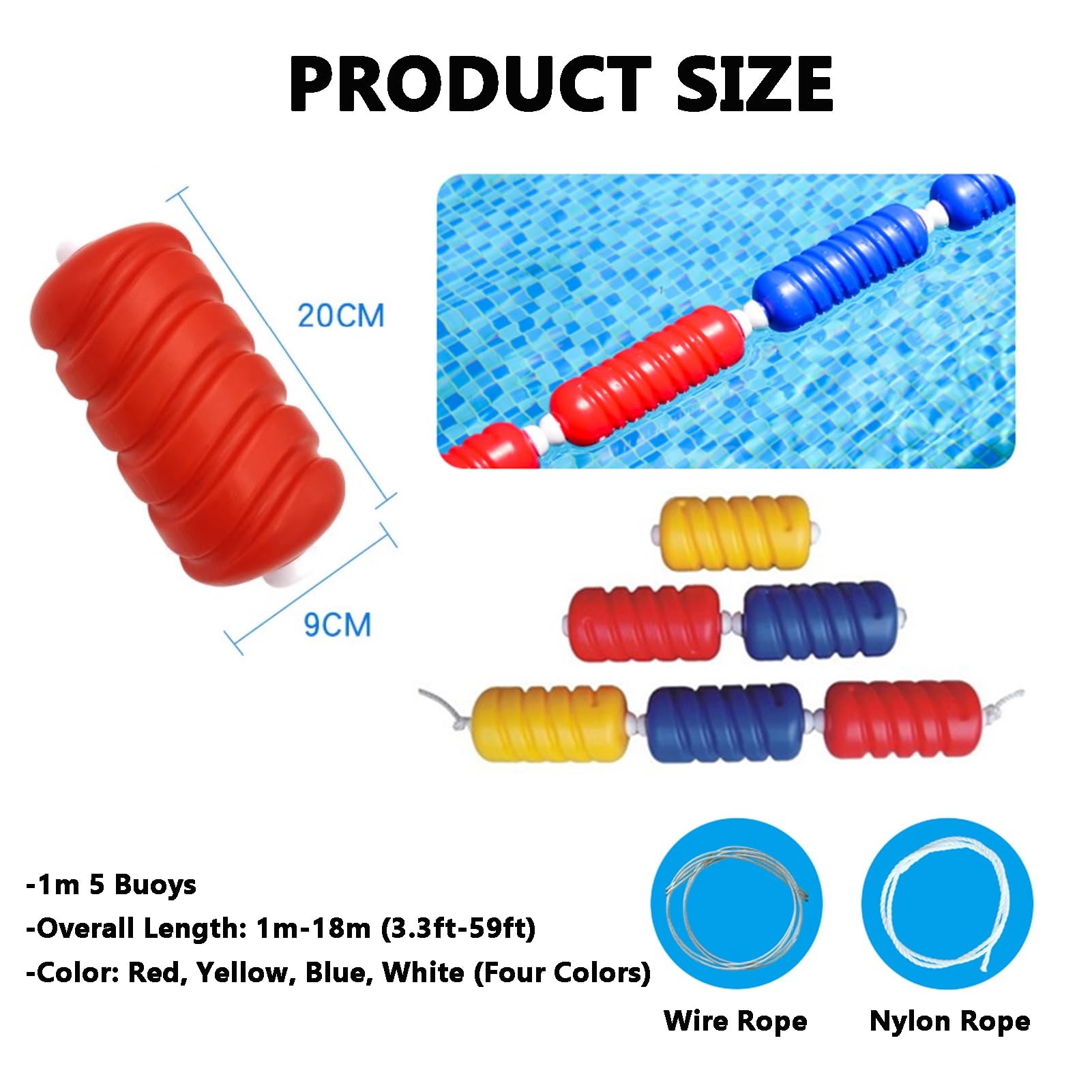 Kit di divisori per corsie da Piscina: 18 Metri (59,1 Piedi) di Corda Galleggiante di Sicurezza e Boe in plastica, Ideale per la Sicurezza in Piscina e per Il Nuoto agonistico.