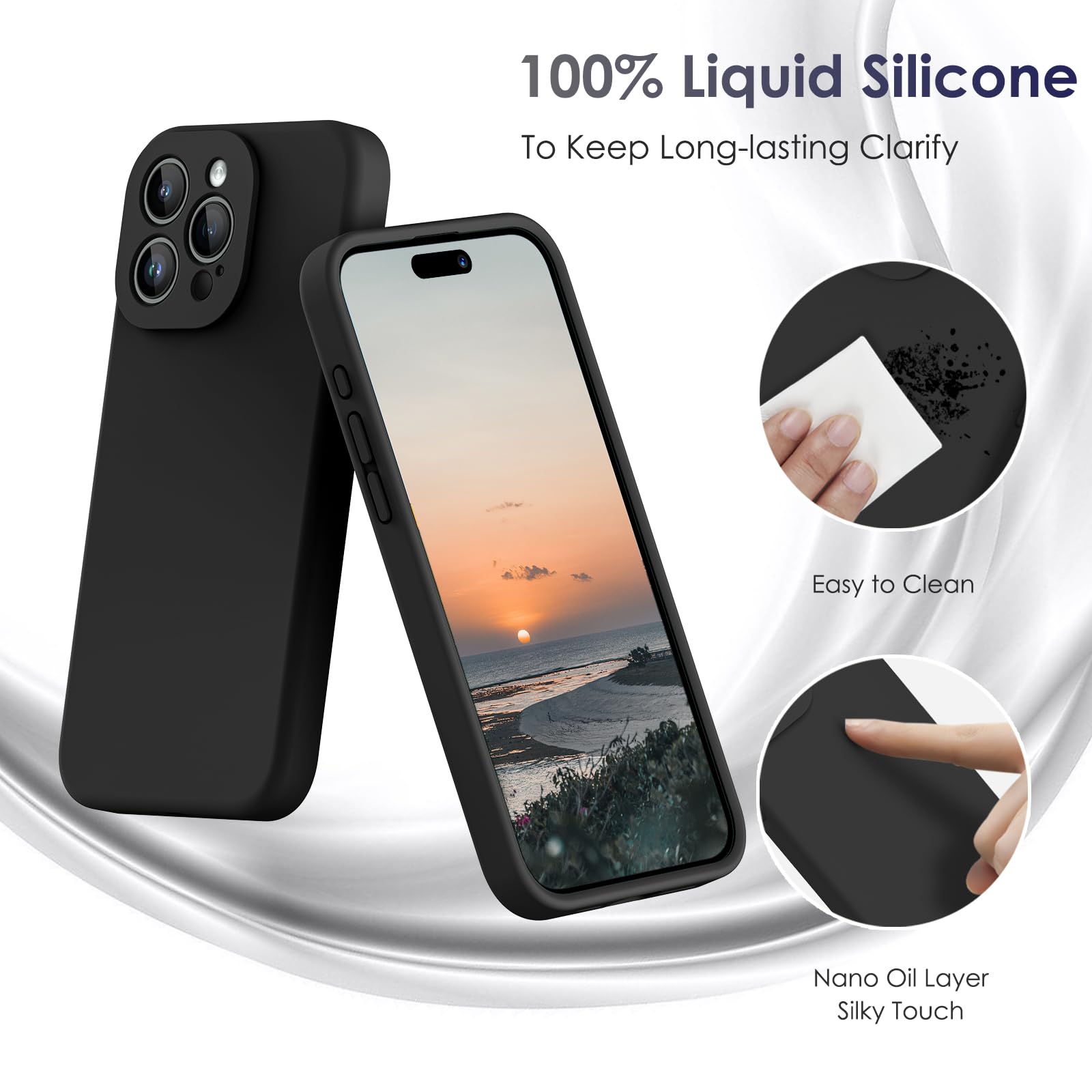 CALOOP Slim-Fit for iPhone 15 Pro Max Case,Skin Soft Liquid Silicone,Sturdy Hard Frame Shockproof Cover with Anti-Scratch Microfiber Lining,Full Protection for Screen and Lens,6.7 inch(Black) - Image 4