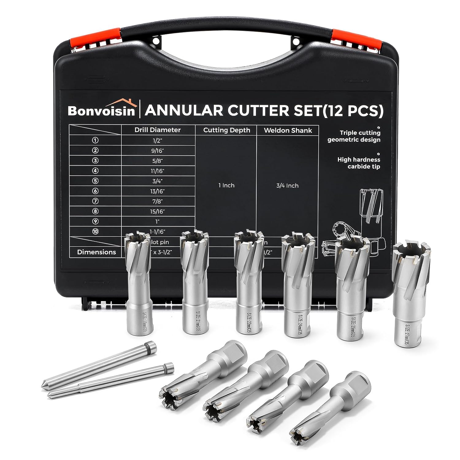 Bonvoisin Annular Cutter Set 12 PCS Carbide Tips Mag Drill Bits Kit 1/2" to 1-1/16" Cutting Diameter 3/4" Weldon Shank with 2 Pilot Pins for Mag Drill Press Cutting