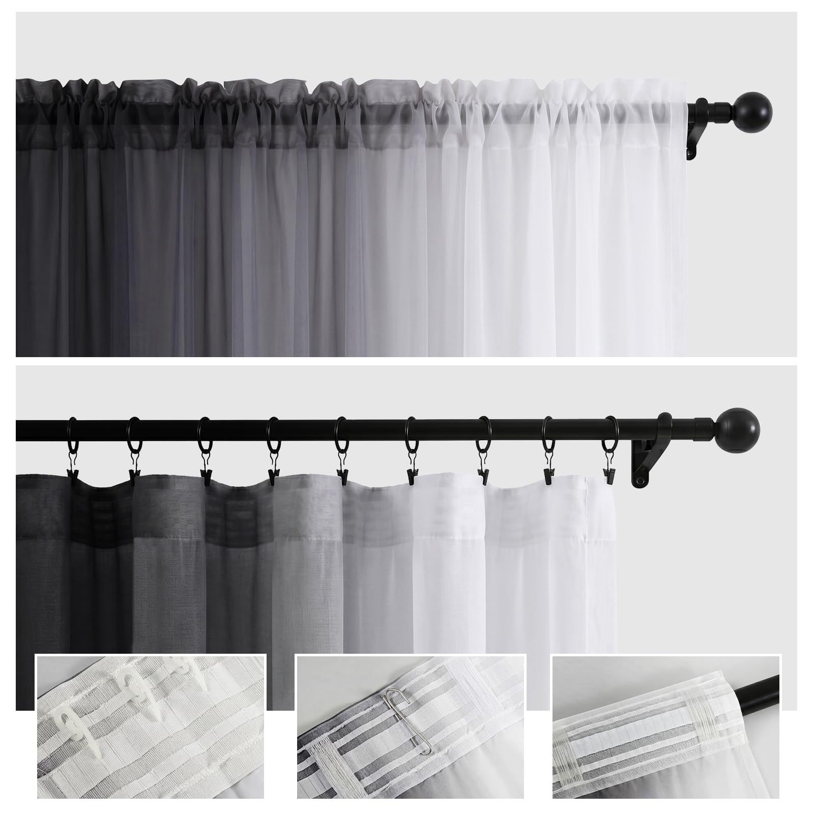 Melodieux Visillos Cortinas Transparentes Degradadas 2 Piezas, 140x260cm Negro/Blanco