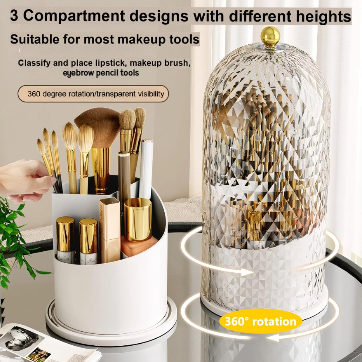 Makeup Brush Holder with Lid，Makeup Brush Storage Box with Diamond Pattern，360 Rotating Waterproof and Dustproof Beauty Brushes Storage for Vanity Bathroom,White - Image 2