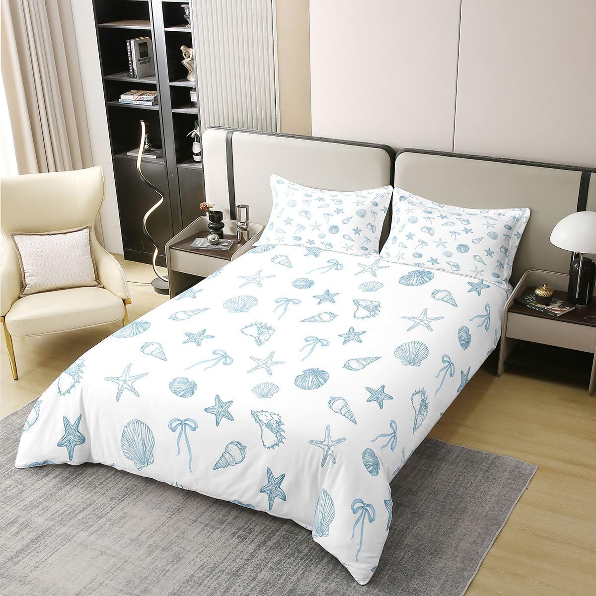 Castle Fairy Bow Seashell 100% Cotton Duvet Cover Set Starfish Coastal Kids Bedding Set Ocean Minimalist French Bedroom Decor Quilt Cover,2 Pillowcases(No Comforter) Quilt Covers 3Pcs Queen White Blue