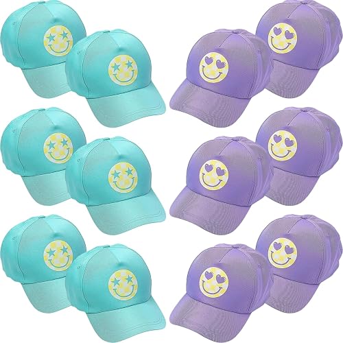 Fun Express 24" circ. Pastel Blue & Purple Smile Face Baseball Caps - 12 Pieces