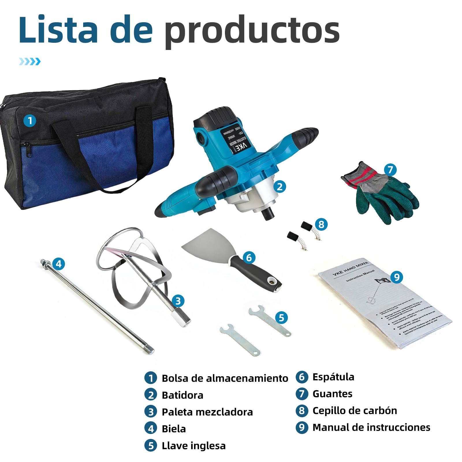 VKE Mezcladora de Mortero 2400W, Boîte à 6 Vitesses avec Sac de Rangement