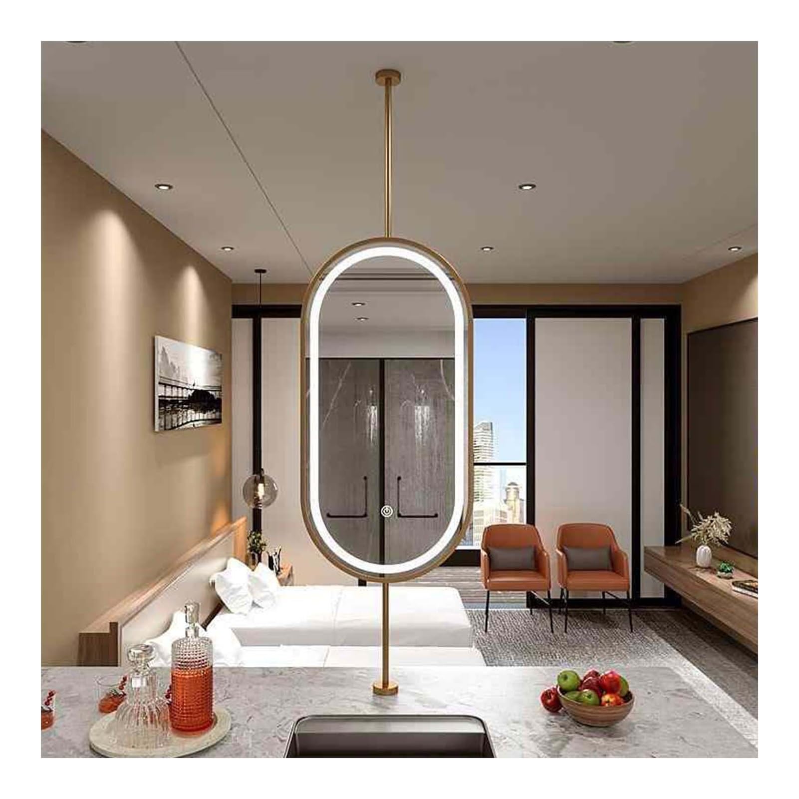 CGCSYZ Oval Hanging Rod Mirror Metal Frame LED Lighting Bathroom Mirror, Floating Bathroom Square Vanity Mirror, For Home Or Hotel (Gold 50x100cm)