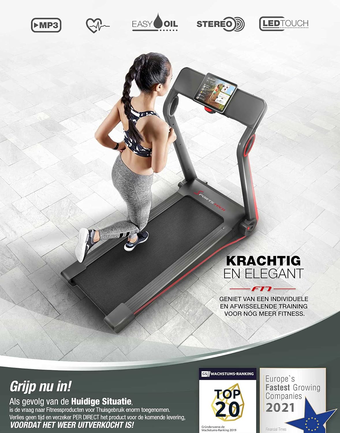 Sportstech F17 treadmill highlighting MP3, Easy Oil, Stereo, and LED Touch features