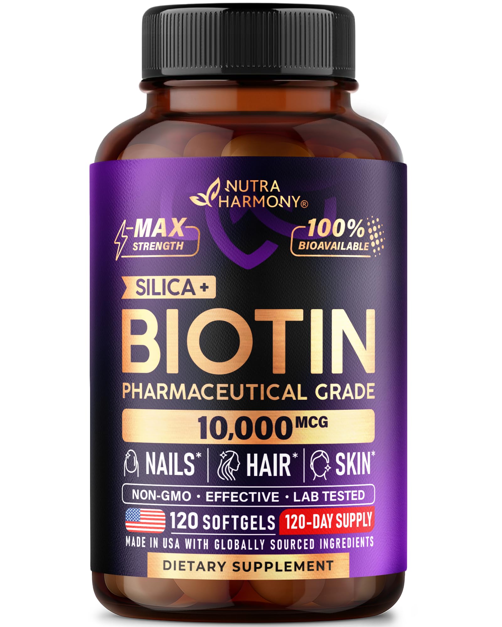 Biotin 10000 mcg with Silicon - Pharmaceutical Grade Biotin Supplement for Women - Hair Growth Support, Skin & Nails - Max Strength & 100% Bioavailability - Lab Tested - 120 Softgels, 120 Days Supply