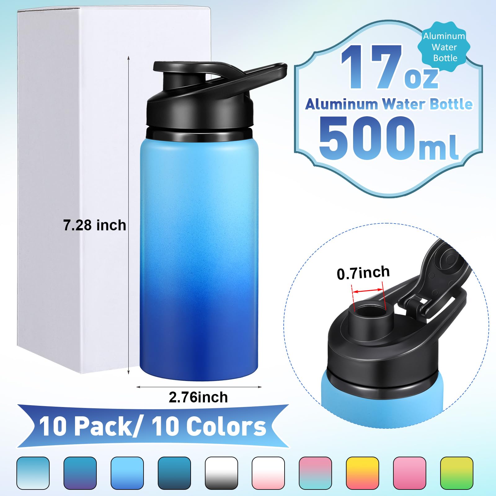 Mimorou Paquete de 10 botellas de agua de aluminio reutilizables a granel, multicolor, para deportes al aire libre, para viajes, gimnasio, ciclismo, camping, tapa a presión (color degradado, 17 onzas)