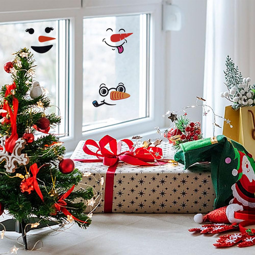 GlyinnHe 60 calcomanías de cara de muñeco de nieve de Navidad, lindas calcomanías de cara de muñeco de nieve, calcomanías de vinilo de Navidad para ventana de Navidad, decoración de pared, nevera,