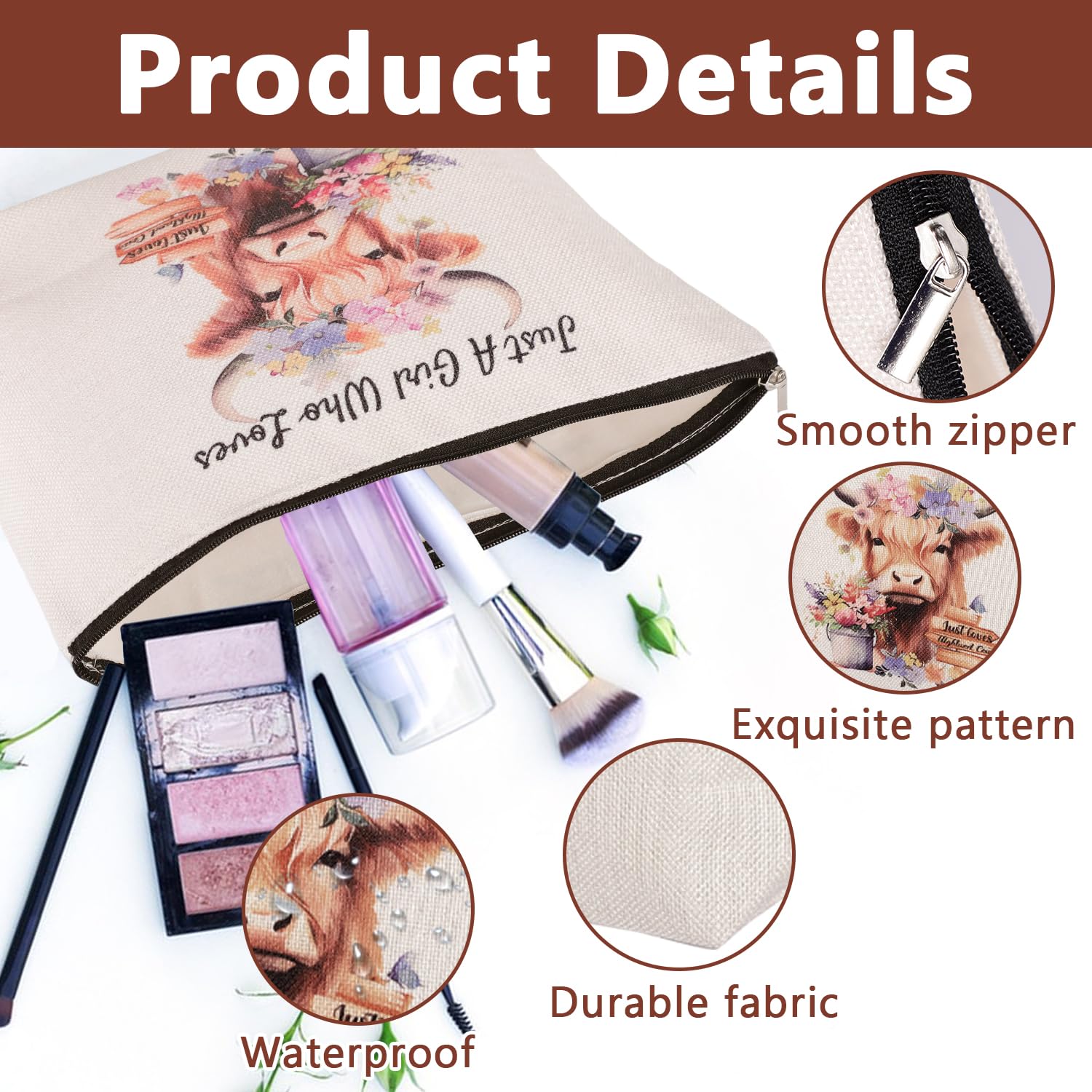 Highland Cow Gifts for Women Highland Cow Makeup Bag, Canvas Cosmetic Bag Gifts for Highland Cow Lovers Makeup Pouch - Image 2