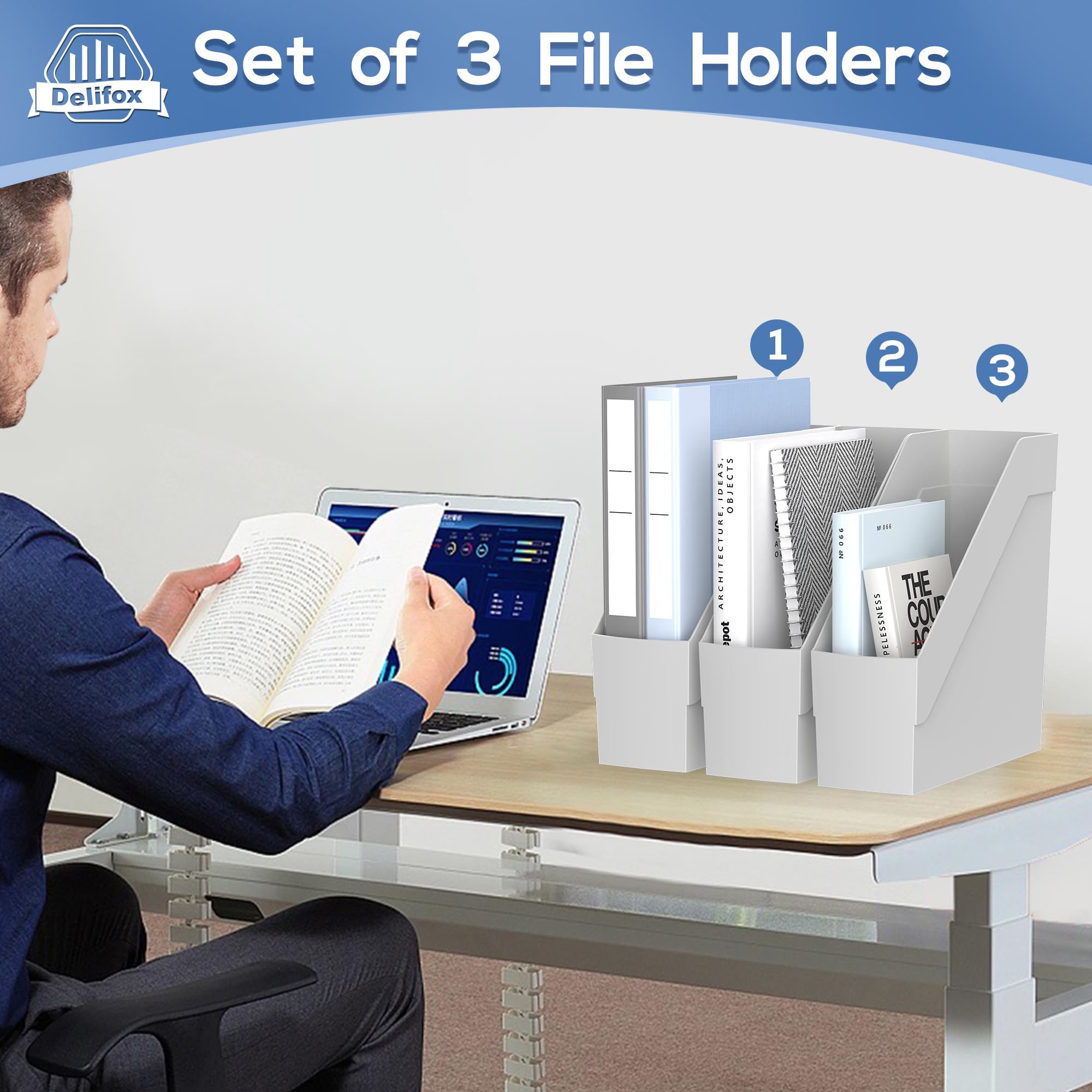 Delifox Paquete de 3 revisteros, organizador de carpetas de plástico para archivos, color gris