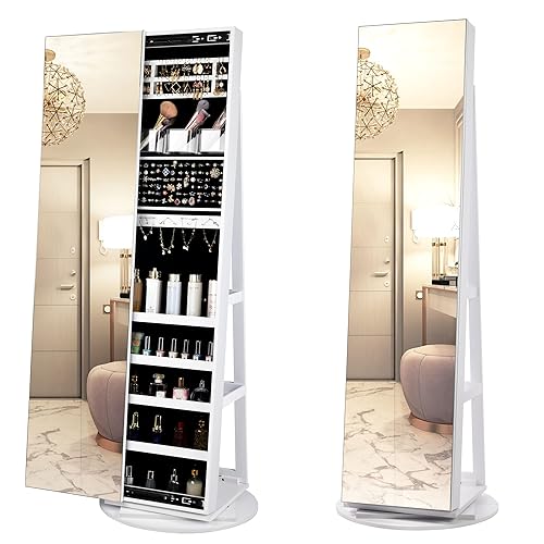 LVSOMT Swivel Mirror Jewelry Cabinet Standing, Frameless Full Length Mirror with Jewelry Storage, Floor Jewellery Armoire with 3 Shelves (Pure White & Black Velvet Interior) - Pure White