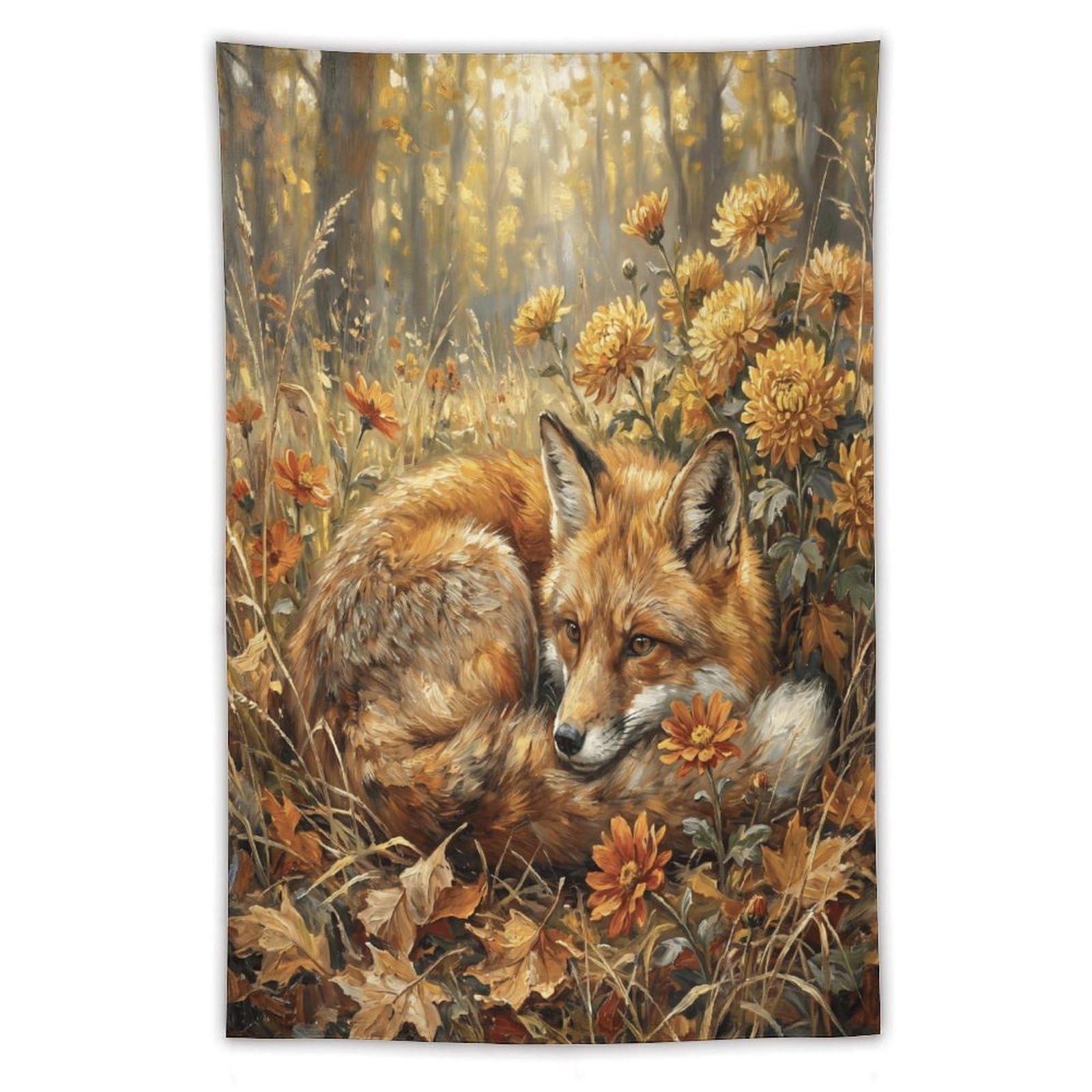 W7C8U2X3 Autumn Fox Flower Field Wall Tapestry, Woodland Animal
