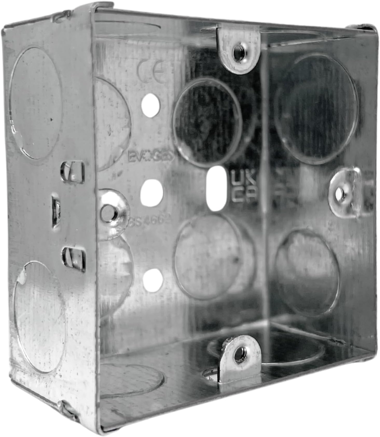 Single Metal Back Box, 35mm, 1 Gang, 1.0mm Thickness for Electrical Sockets Switches, BS4662 Standard, 20mm & 25mm Knockouts, Adjustable Lug, Brass Terminal (1)