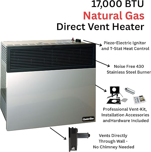 Vista 6 de Comfort Glow Calentador de pared de gas natural de ventilación directa de 17,000 BTU, gris, grande