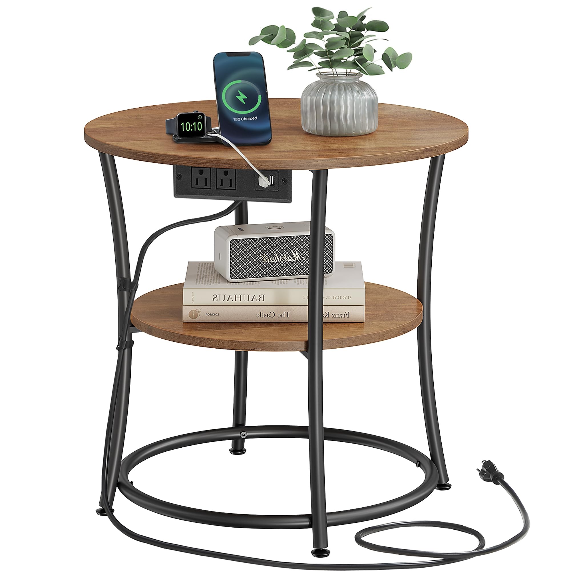 VASAGLE 21.7-Inch Round Side Table, 2-Tier End Table | Nightstand with Steel Frame, Spacious Top, for Small Spaces, Living Room, Bedroom, Honey Brown and Ink Black ULET077K02
