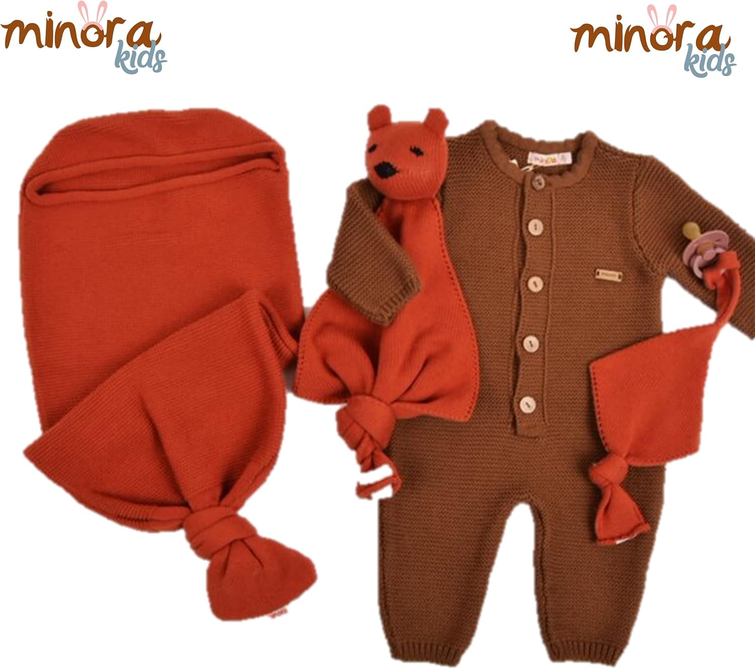 Minora Newborn Essentials Baby Swaddle Blanket Set, 1 Piece Set (1 Pacifier Holder, 1 Cocoon Swaddle Sack, 1 Teddy Bear), 0-8 Months Baby - Ochre - Image 8