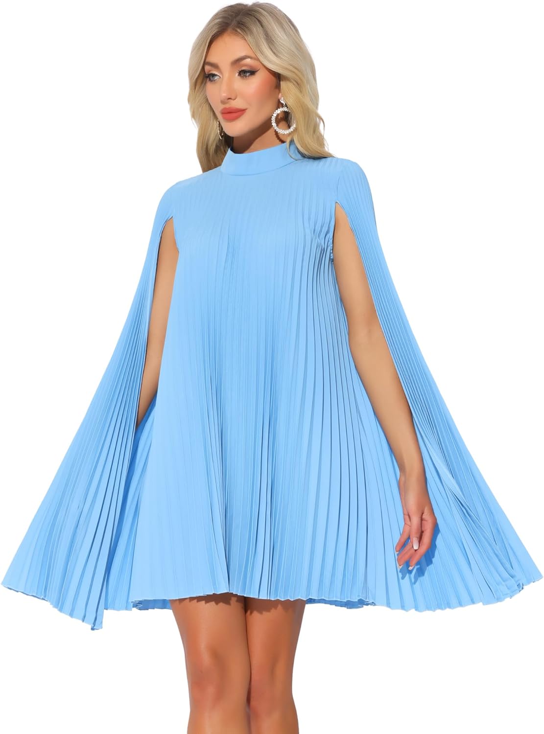 Allegra K Chiffon Dresses for Women's Loose Flowy Cloak Sleeve Cape Pleated Dress