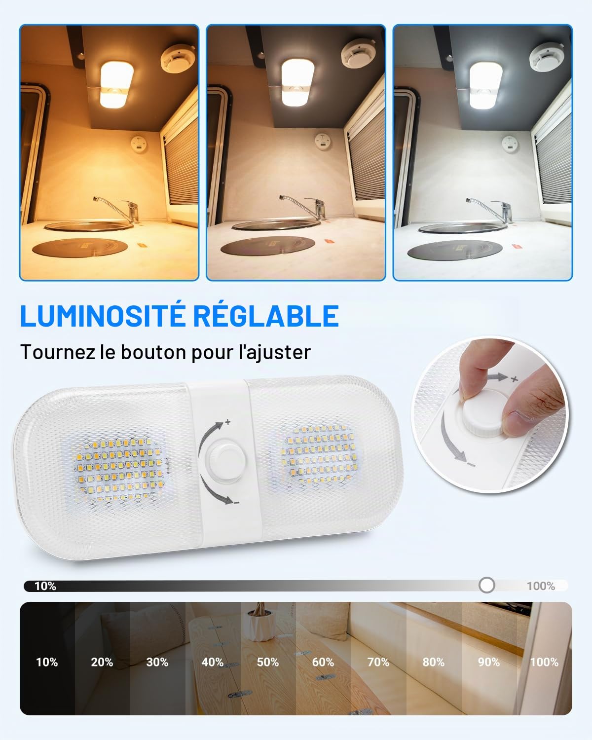 SUPAREE Lampe 12V LED Camping Car Eclairage LED 12V Interieur Plafonnier LED 12V Caravane 3 Couleurs 2700K-6500K Dimmable avec Interrupteur pour RV Camion Bateau Van Fourgon 1PC