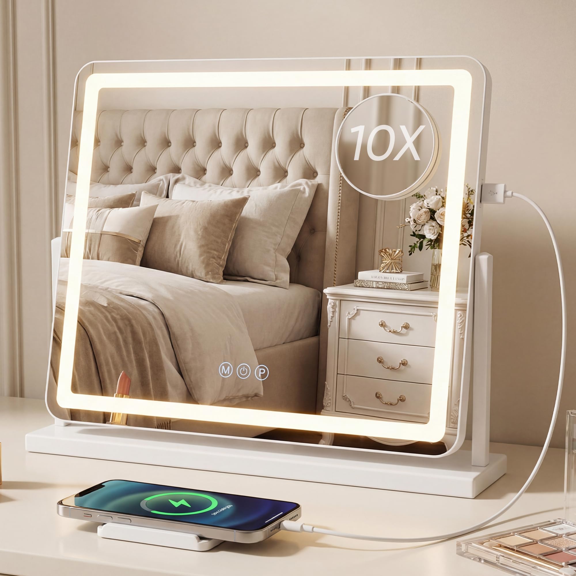 Antok Espejo de tocador, 55 x 48 cm, espejo de maquillaje LED HD, rotación de 360°, espejo cosmético con iluminación, lupa de 10 aumentos, 3 temperaturas de color, regulable, función de memoria