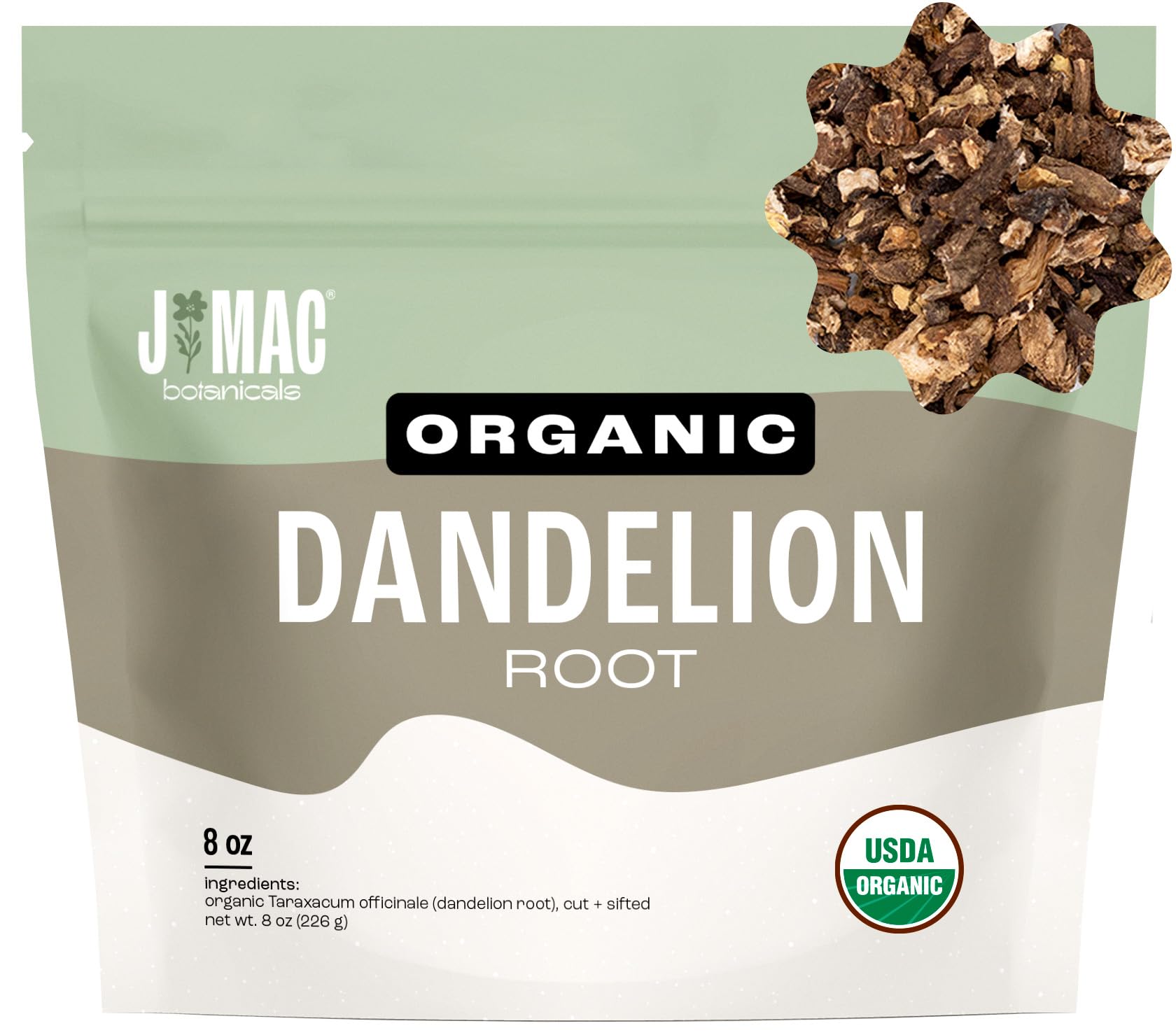 J Mac Botanicals Organic Dandelion Root (8 oz) unroasted, herb for tea and other infusions, Packaged in the USA, Certified USDA OrganicUSDA Organic