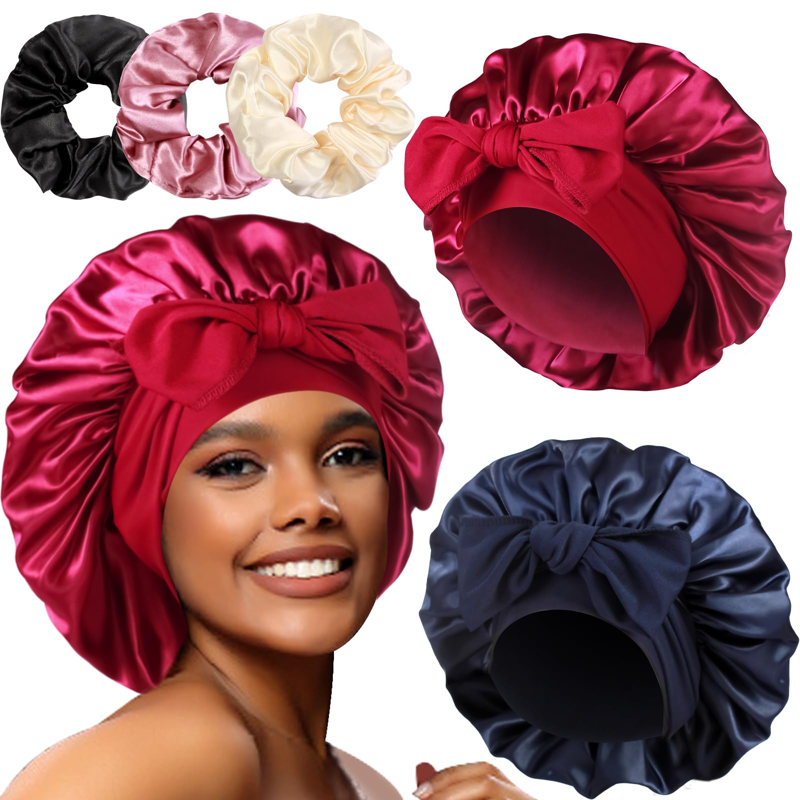 2+3 Large Satin Bonnets with Scrunchies for Women, Hair Bonnet Sleeping Tie Bonnet for Braids Curly Hair