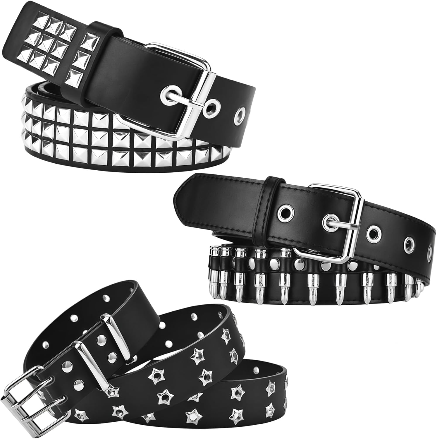 3Pcs Black Studded Belt Y2K Cool Gothic Punk Rock Belts with Grommet Threads Metal Pyramid for Women Men
