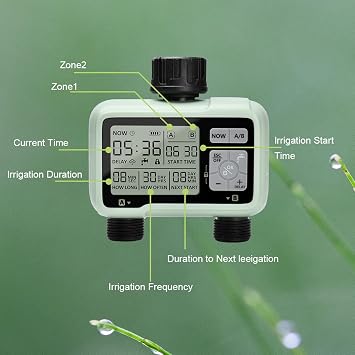 Johgee digital irrigation clock, irrigation computer with 2 independent controlled outputs, LCD screen, automatic/manual irrigation control