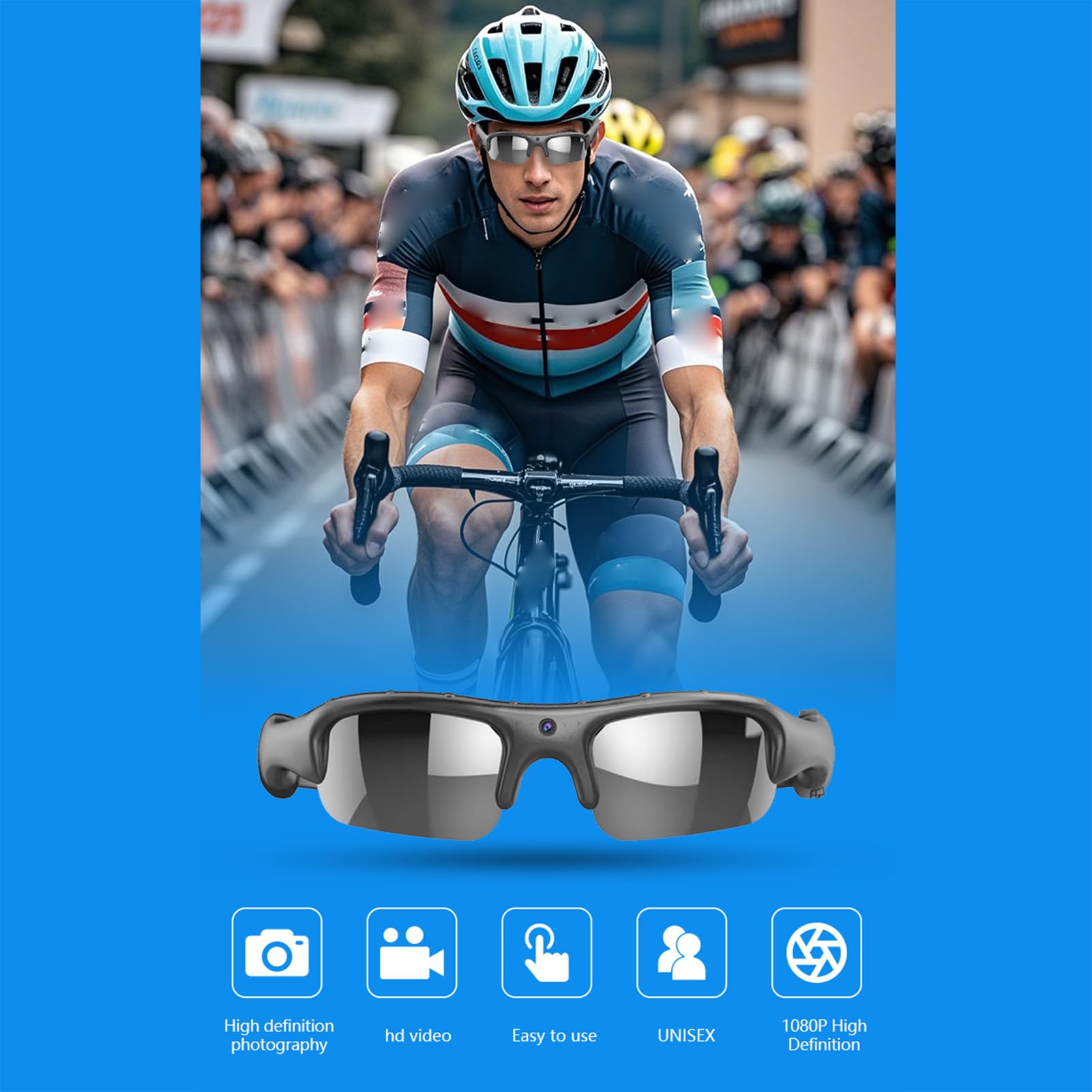 BuyWeek Occhiali ciclismo intelligenti con fotocamera HD 1080P, lenti polarizzate, connessione app, registrazione della vista in prima per il ciclismo e altro ancora