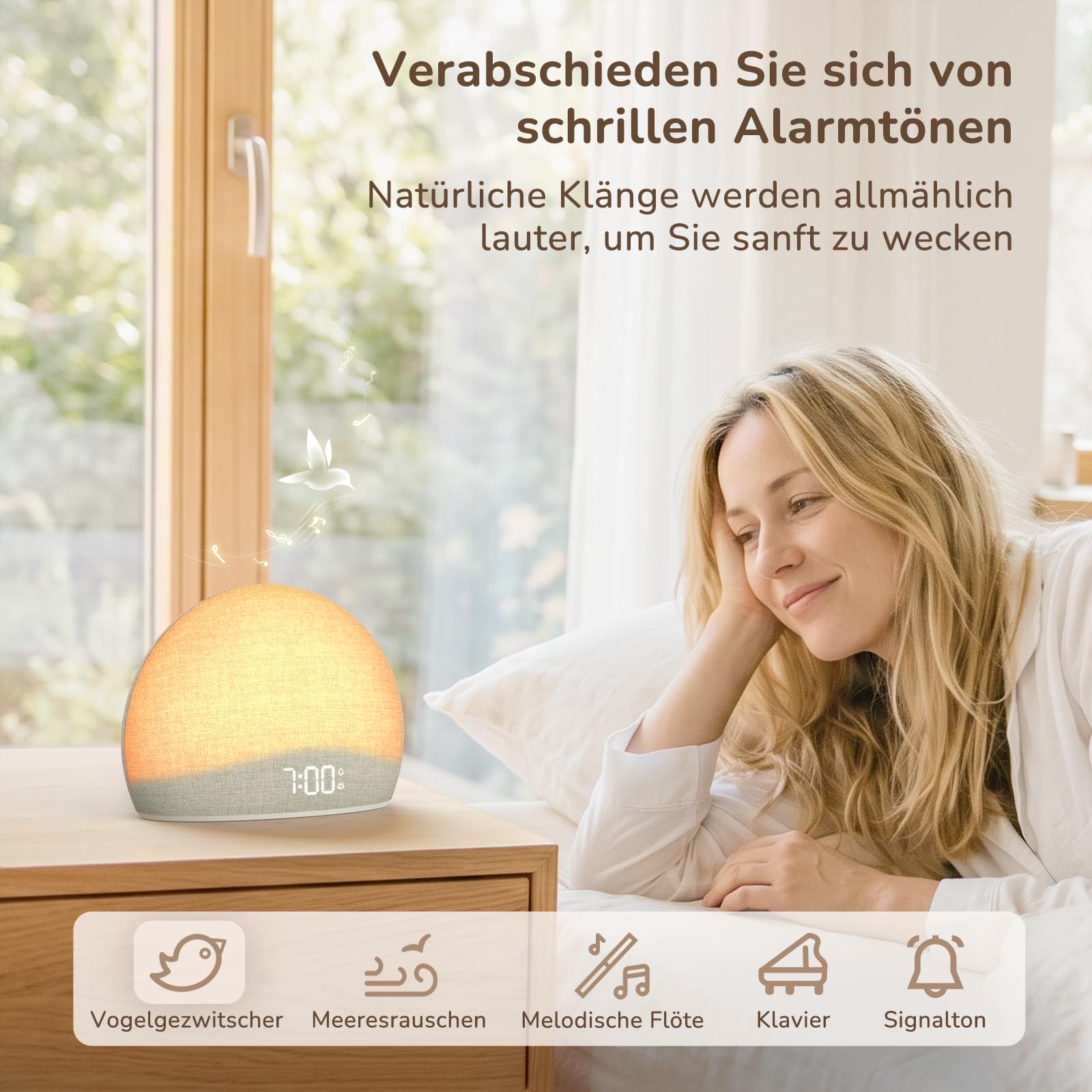 DOUMOSH Tageslichtwecker mit Sonnenaufgang & White Noise Machine | Daylight Alarm Clock, 20 Schlafklänge, Schlafenszeit-Erinnerung, Dimmbares Nachtlicht & Display, Schlafzimmer, Stoff-Design