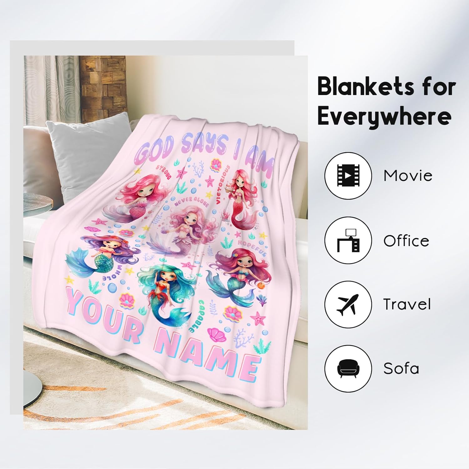 Custom Mermaid Blanket, Cozy Soft Throw Gifts for Girls, 40x50 Inch Cute Flannel Blanket for Mermaid Lovers, God Says I Am Throw Blankets for Couch Sofa