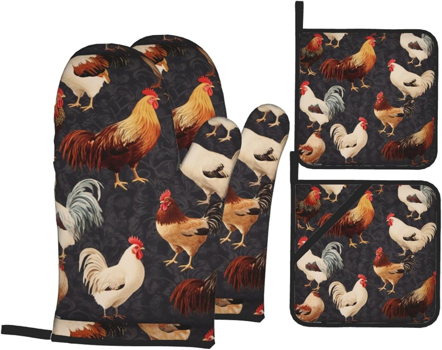 (French Roosters) Baking 4-Piece Set: 2 Oven Mitts and 2 Pot Holders Heat Resistant Waterproof Hanging Loop for Kitchen Oven Grill Housewarming Gifts