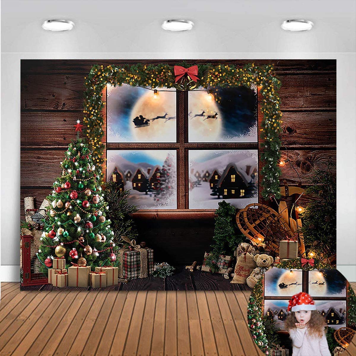Sfondo Fotografico AVEZANO Natale – Finestra Con Pavimento In Legno E Albero, 2.4x1.8m, In Vinile