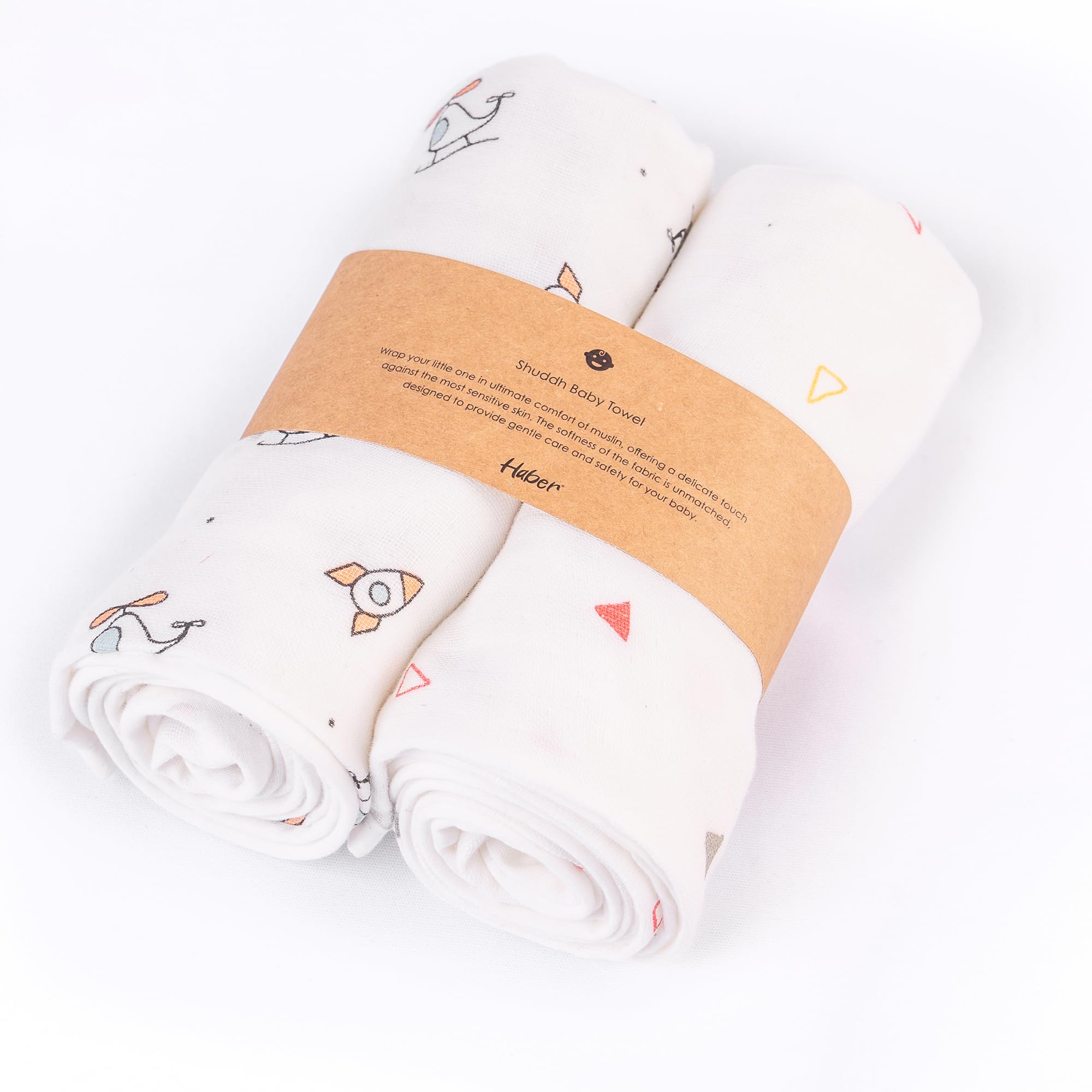 HABER Traditional Baby Muslin Bath Towel Organic Indian Cotton 4 Layer, Eco-Conscious & Safe Printed Muslin Cloth Towels (70x70cm, Chopper & Trio)