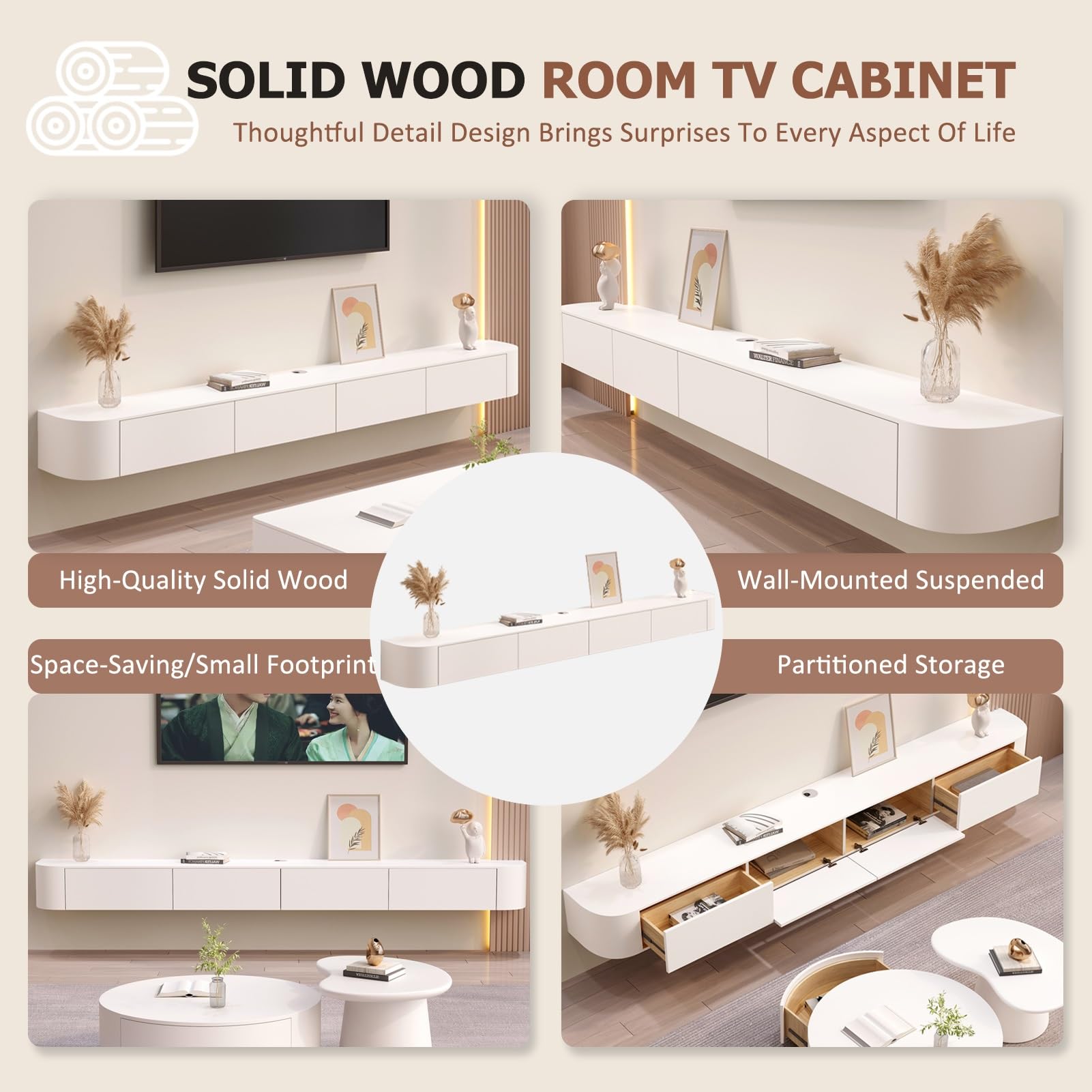 Weiß TV-Schrank,Fernsehtisch Hängend mit 2 Schublade,1 Türen,140 cm lang,TV Lowboard für Fernseher bis zu 60 Zoll,TV Tisch,Hängeboard Schwebend,TV Board hängend,für Wohnzimmer,Schlafzimmer