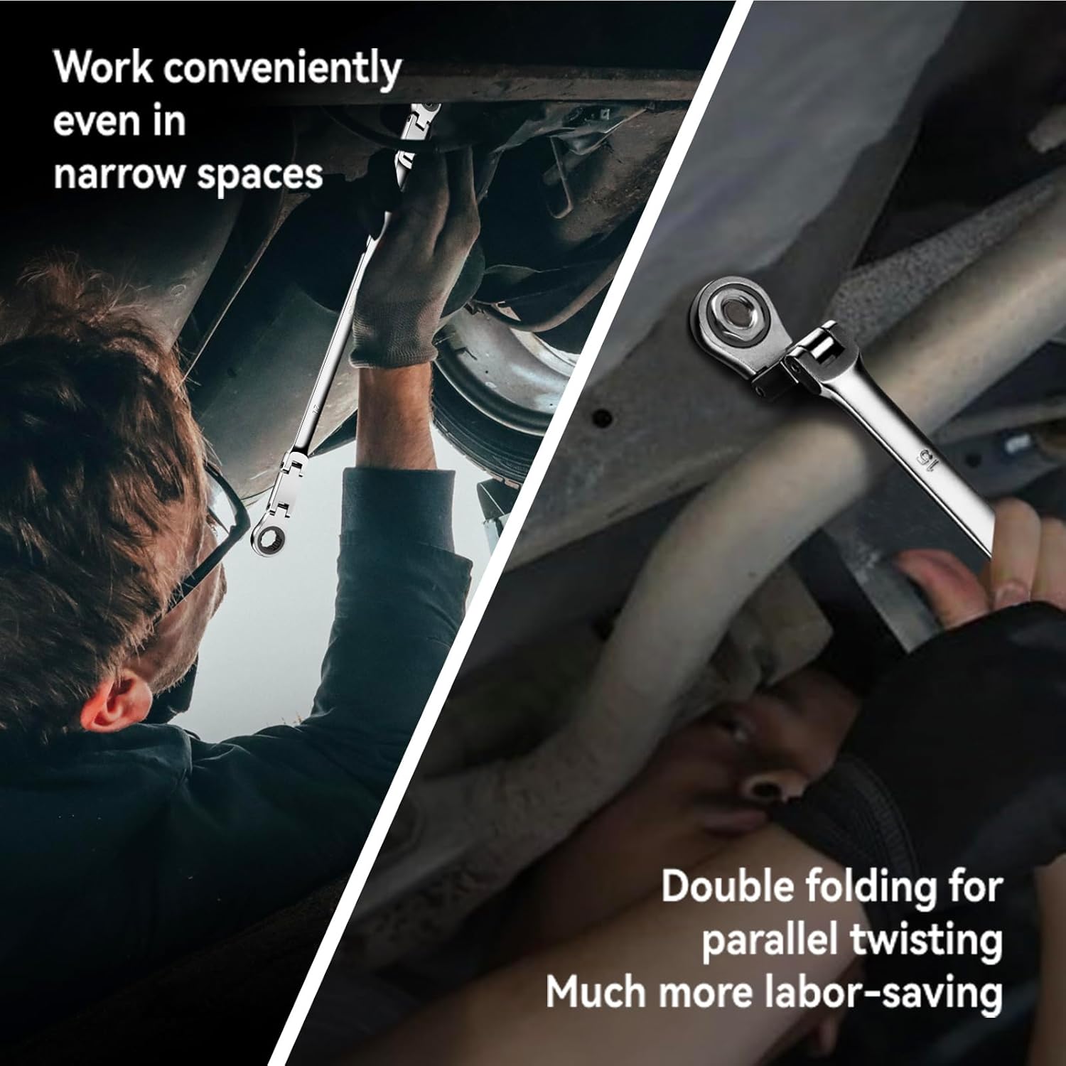 DISEN Double Jointed Extra Long Flex Head Ratchet Wrench Set, 6 PCS Metric 8-19mm Box End Ratcheting Wrench with a Magnetic Pickup Tool Kit, 72-Teeth, Cr-V Steel,12 Point Combination Wrench set