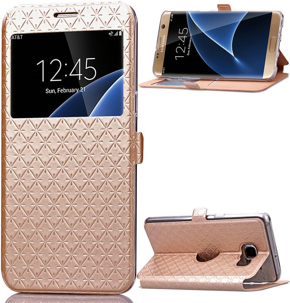 S7 Edge Case, Galaxy S7 Edge Case, Caseshow Quilted Plain Color Window View Function PU Leather Flip Folio Book Style Card Slots Kickstand Wallet Phone Case for Samsung Galaxy S7 Edge -gold