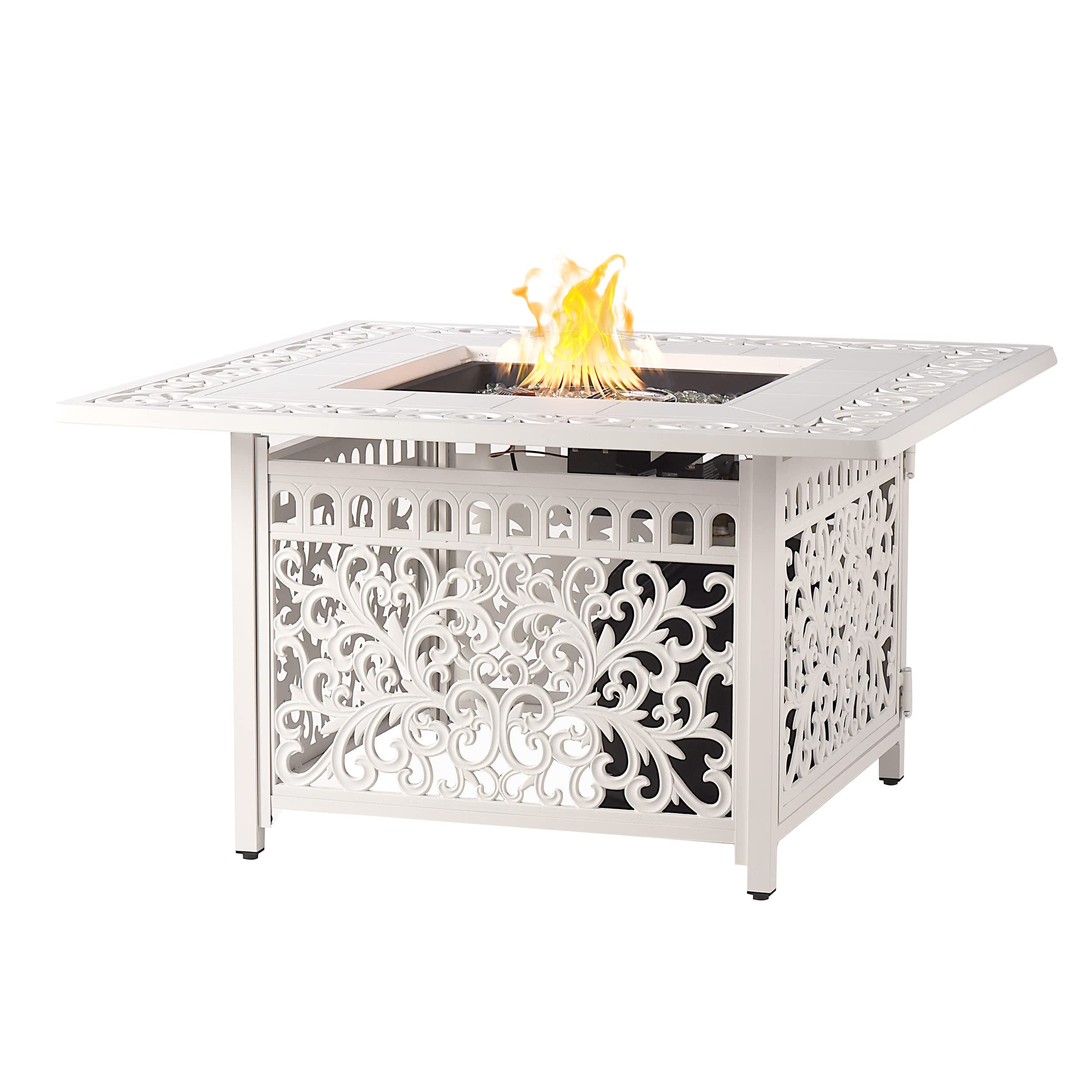 Oakland Living Square 42 in. x 42 in. Aluminum Propane Fire Pit Table with Glass Beads, Two Covers, Lid, 57,000 BTUs in White Finish