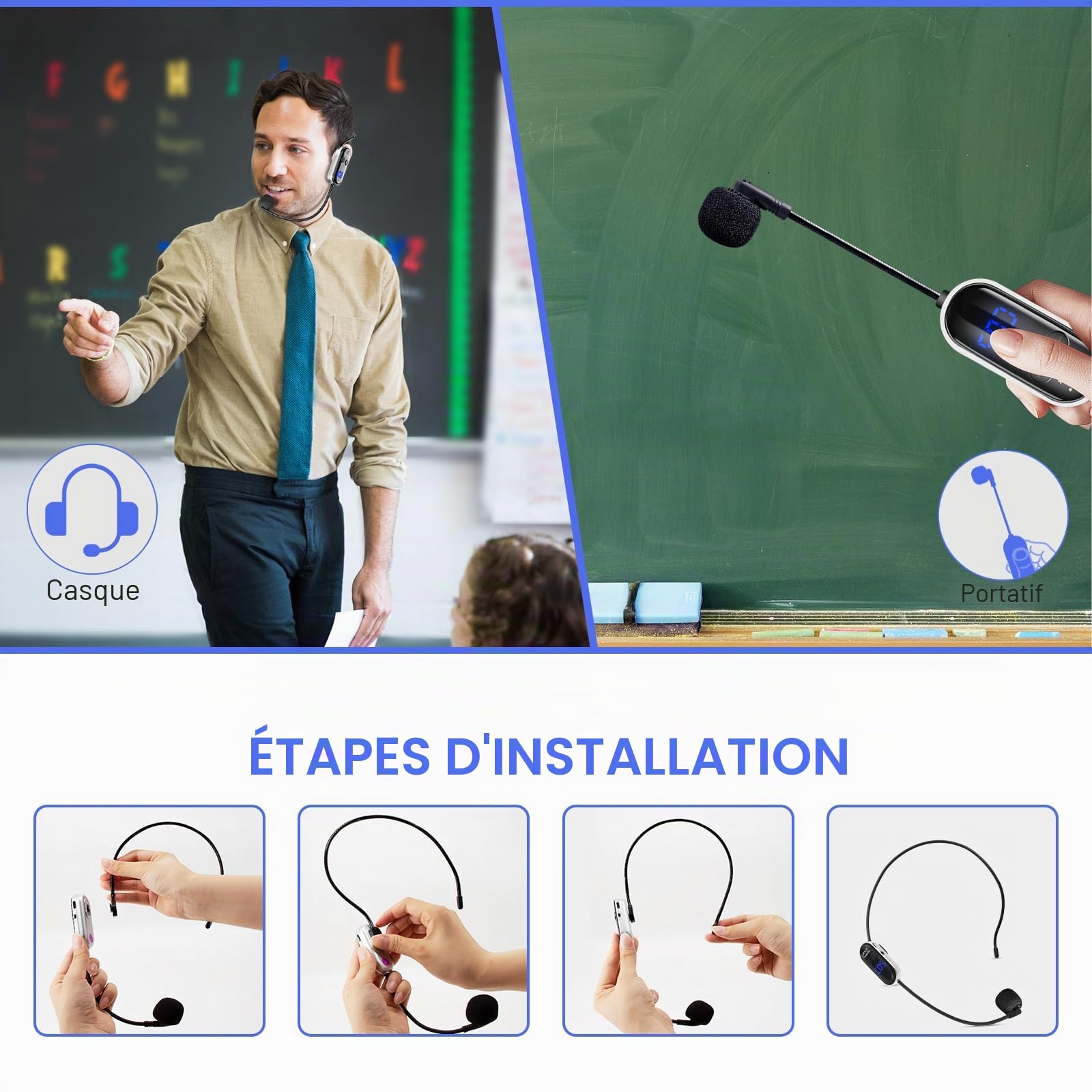 Lococo Microphone sans Fil,UHF Microphone Casque sans Fil,Wireless Microphone avec Affichage Numérique LED,pour Guide Touristique/Enseignement/Fitness/Conférences