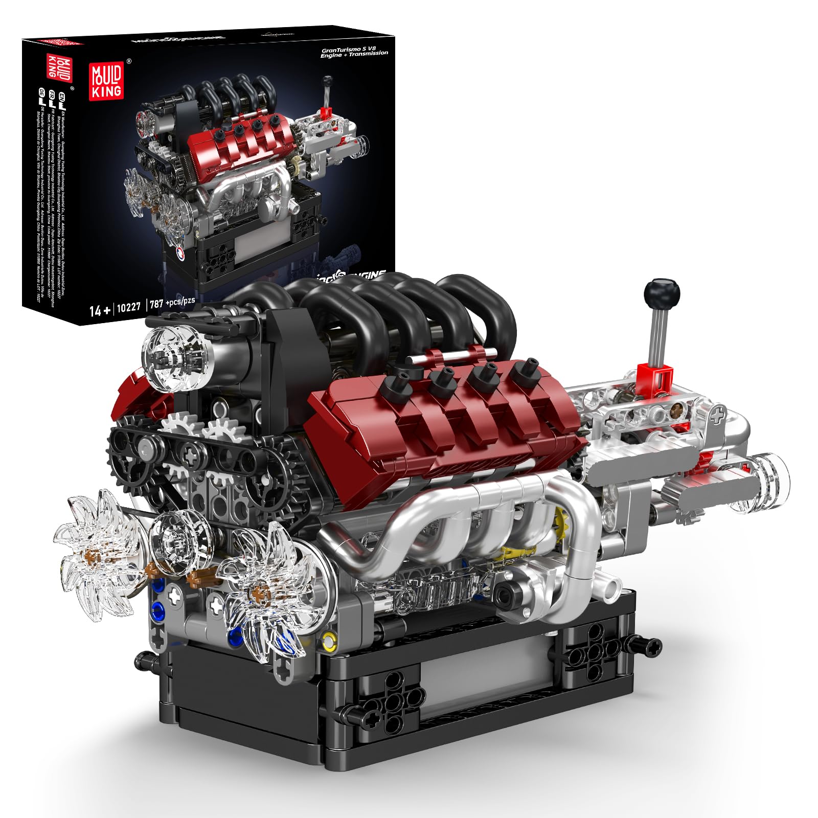 Mould King 10227 MOC Technik V8-Motor-Baustein-Modell, elektrische Verbindung | Italienischer Supersportwagen-Motor-Struktur-Demonstration | Kurbelwelle-Kolben/Zahnrad-Nockenwellen（787+Teile）