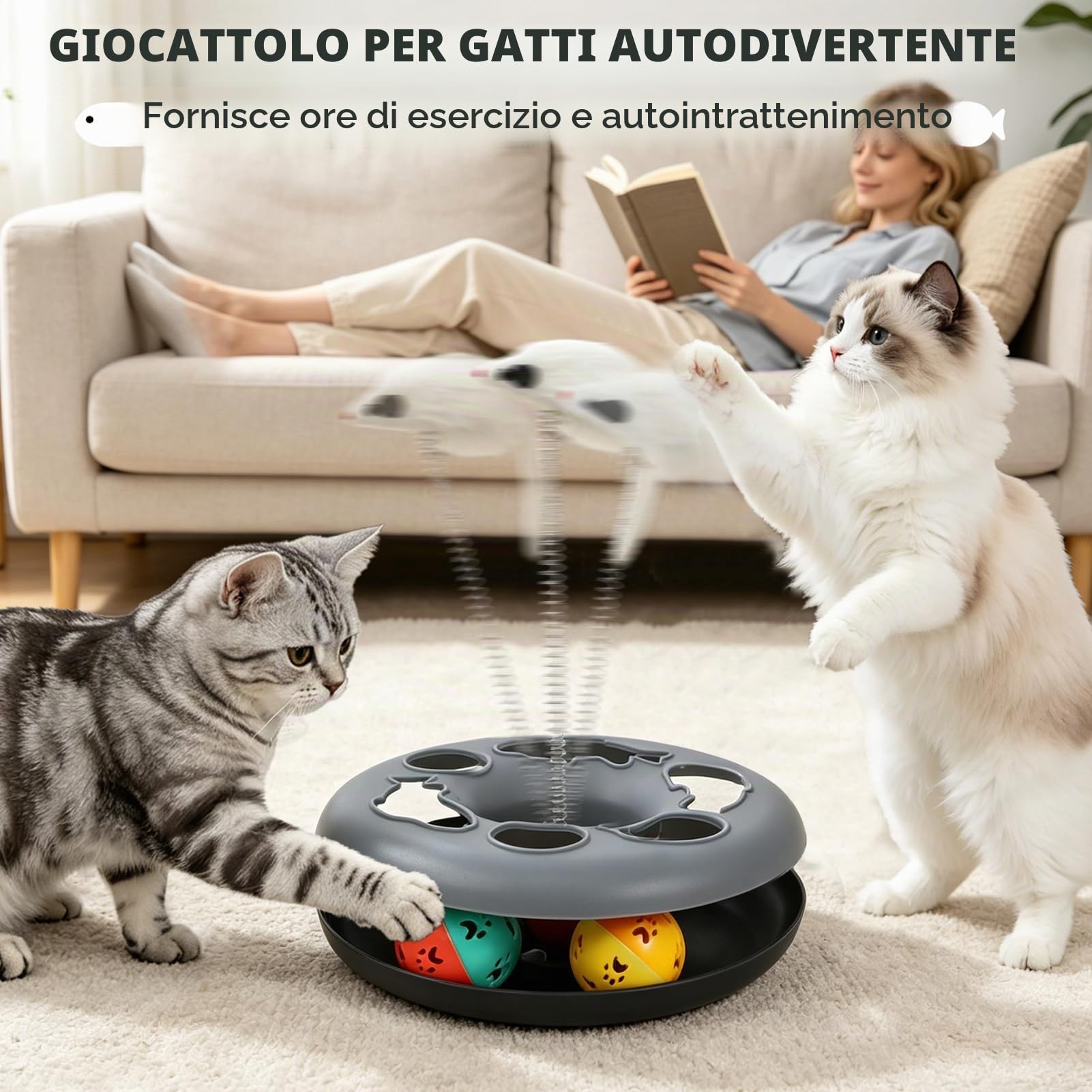 Tunnel per Gatti, Giocattoli per Gatti da Interno Adulti, Set di Giocattoli Interattivi con Palline Rotanti, Bacchetta di Piume, Pesce, Coperta, Accessori per Gatto