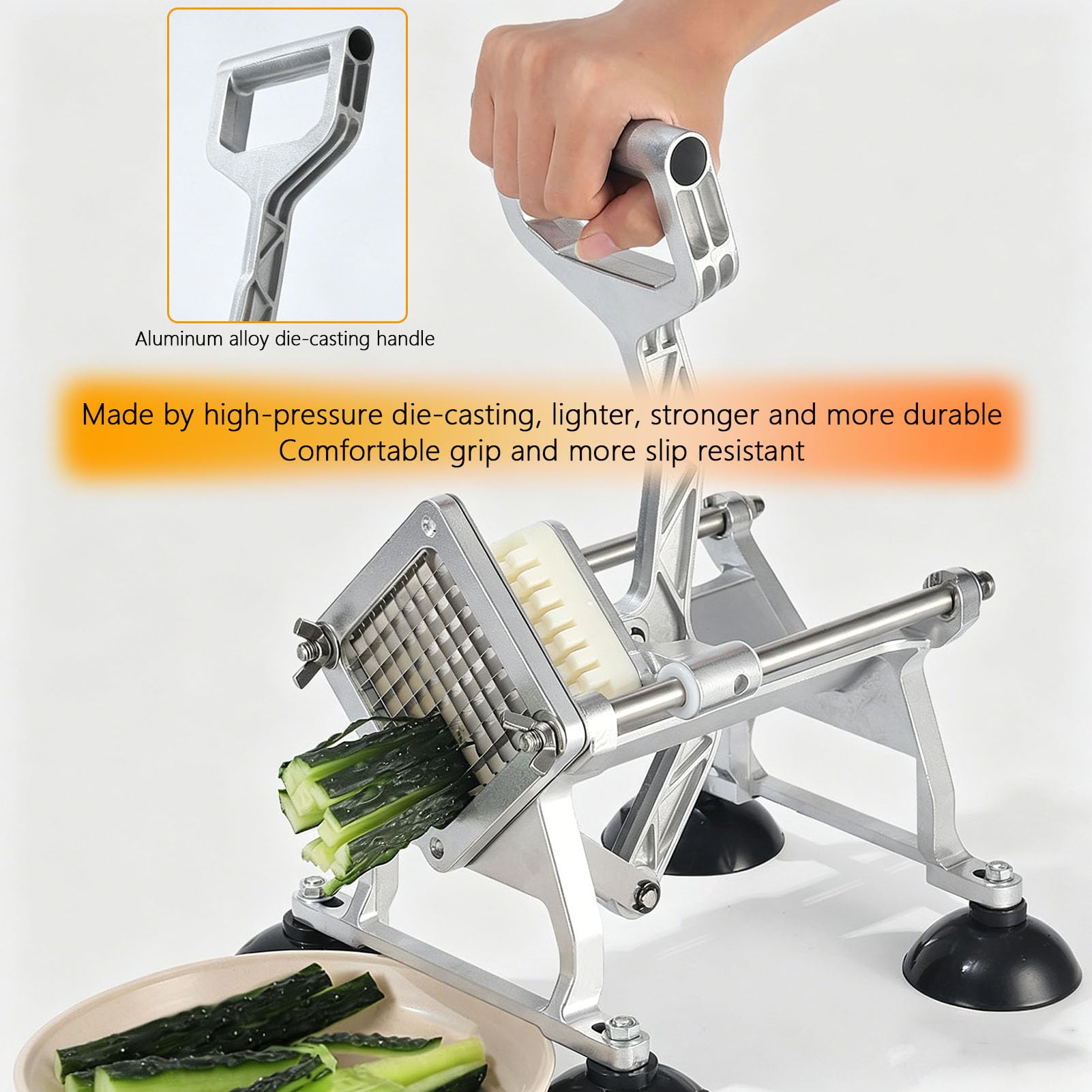 Cortador de Patatas Fritas Manual, Cortadora Profesional de Verduras con 4 Cuchillas Intercambiables de Acero Inoxidable, Base con Ventosas Antideslizantes, para Cocina Doméstica