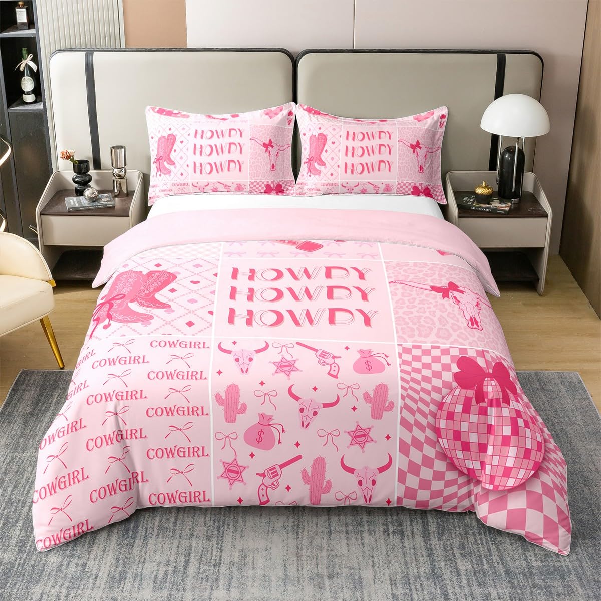 Homewish Western Cowgirl 100% Natural Cotton Comforter Cover,Bowknot Boots and Hats Duvet Cover Double,Bull Skull Floral Bedding Set,Pink Romantic Dreamy Patchwork Bed Set with 1 Pillowcase
